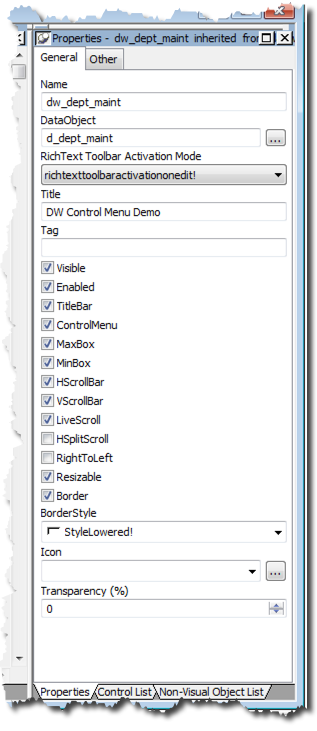 DataWindow Control Properties